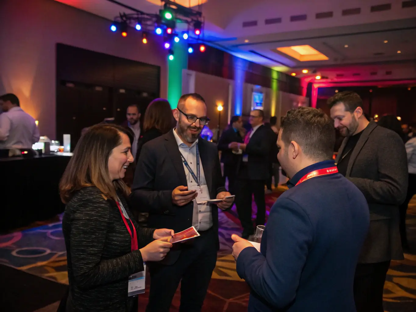 A photograph of a networking event at an AI conference in Montreal, Canada, showing attendees engaging in conversations and exchanging business cards.