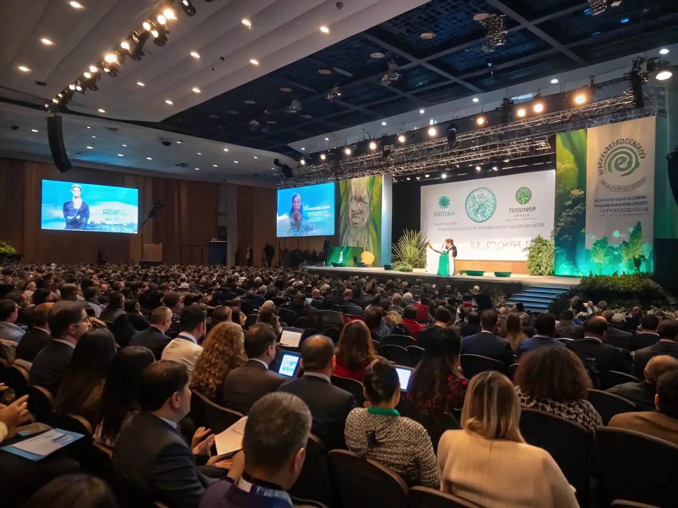 A photograph of a modern conference hall in Vancouver, Canada, bustling with attendees at an AI conference. The focus is on a panel discussion featuring industry experts.