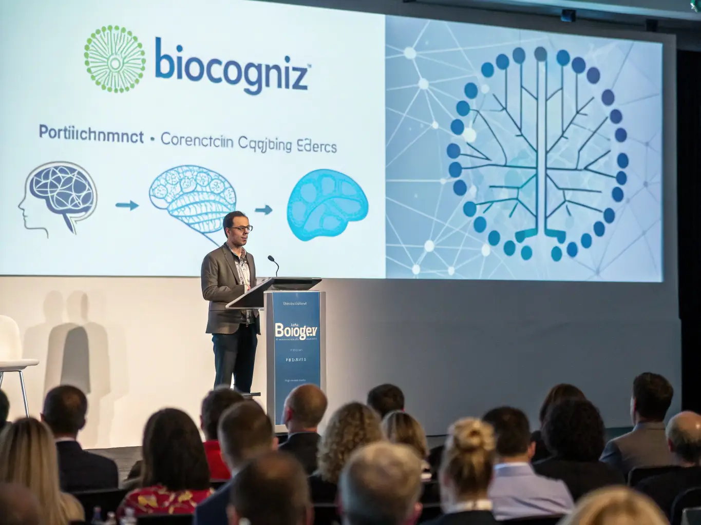 A photograph of a speaker presenting on stage at an AI conference in Toronto, Canada, with a large screen displaying AI-related data visualizations.